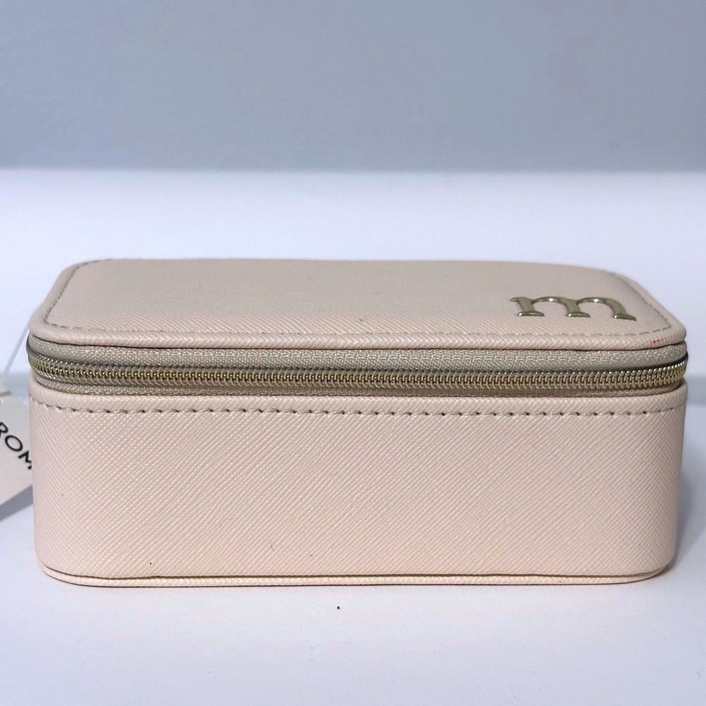 Nordstrom Initial m Travel Jewelry Case Cream Saffiano Faux Leather Zip Box NEW